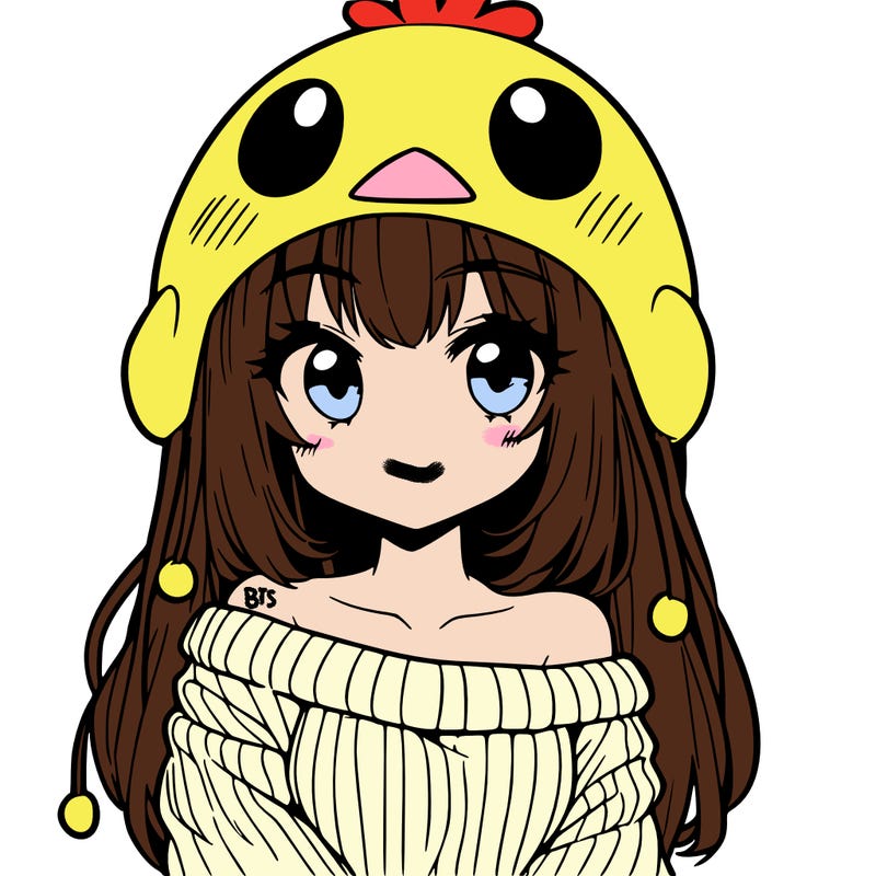 anime girl with chick shaped hat with sweater with bare shoulders with bangs covering them one eye with low tail