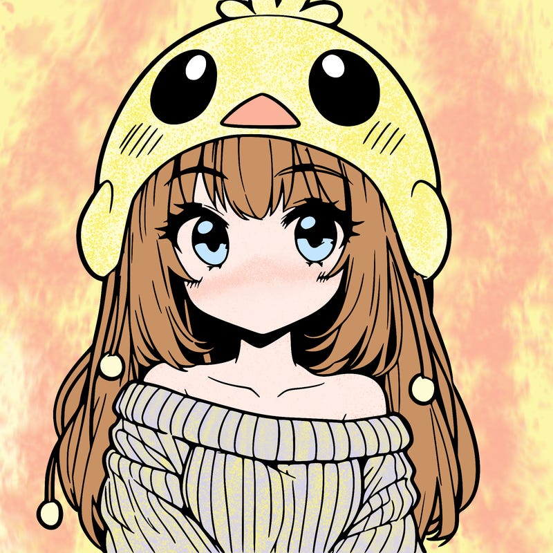 anime girl with chick shaped hat with sweater with bare shoulders with bangs covering them one eye with low tail