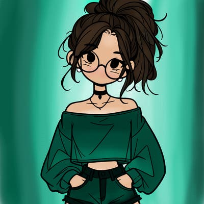 girl with a messy ponytail glasses a baggy crop top and jean shorts