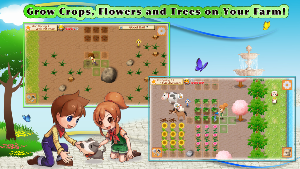 HARVEST MOON: Seeds Of Memories - Gameplay di Harvest Moon Seeds of Memories che mostra i personaggi mentre coltivano prodotti e si prendono cura degli animali della fattoria.