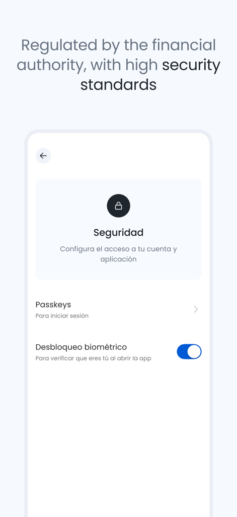 Fintual: Invierte y ahorra - Sicherheitseinstellungen in der Fintual App zeigen biometrische Entsperrung und Passkey-Optionen.