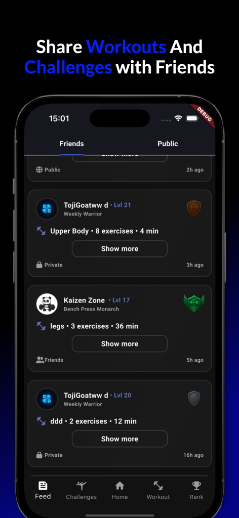Interfaz de la aplicación Gym Rank que muestra un feed social de entrenamientos compartidos y desafíos de fitness con amigos.
