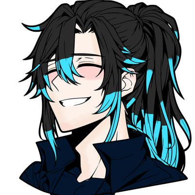 realistic hot anime boy with a grin and long hair in a pony tail