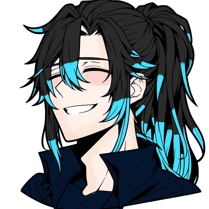 realistic hot anime boy with a grin and long hair in a pony tail