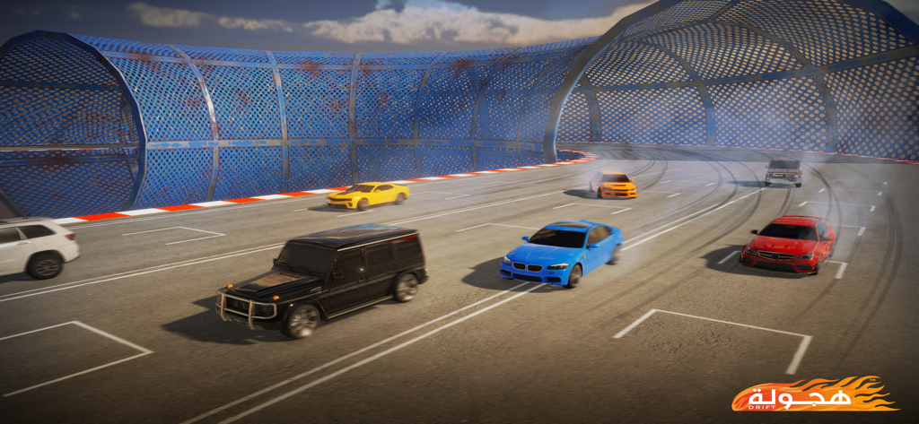 Multiplayer drifting action featuring various sports cars and SUVs on a racing track in Hajwala Drift