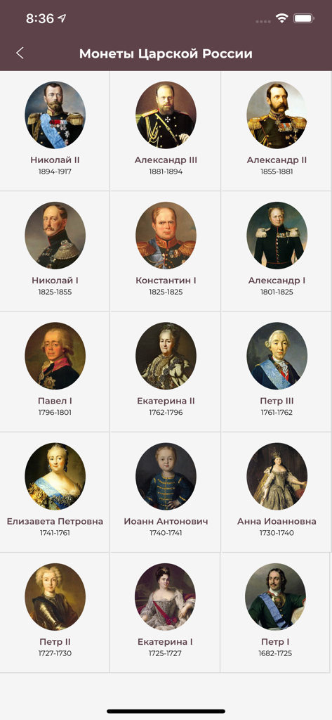 Catalog of coins from Imperial Russia featuring portraits of monarchs with their reign dates