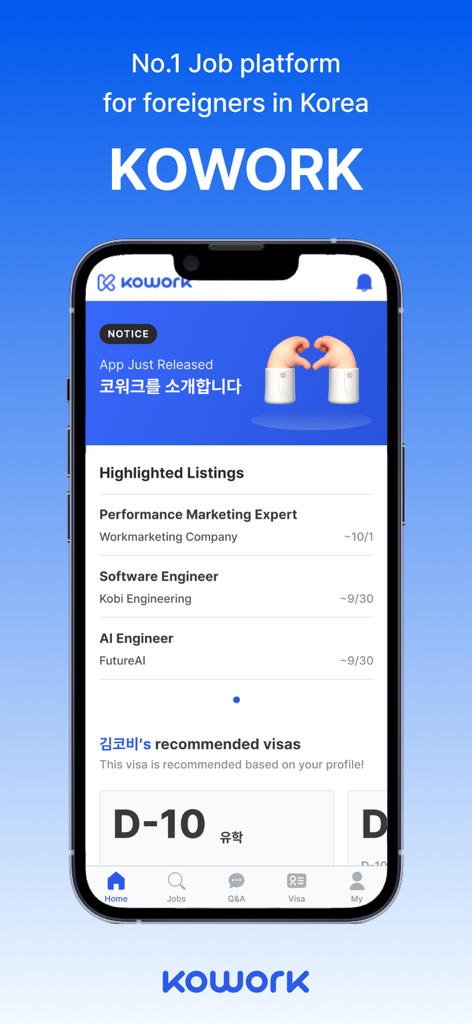 KOWORK - Korean Job & Visa - Tela inicial do aplicativo KOWORK com listagens de empregos para estrangeiros e recomendações de visto na Coreia.