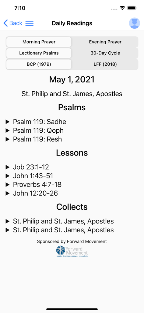 Venite.app - Daily readings screen from Venite app showing Episcopal liturgical prayers and lessons for St Philip and St James Apostles