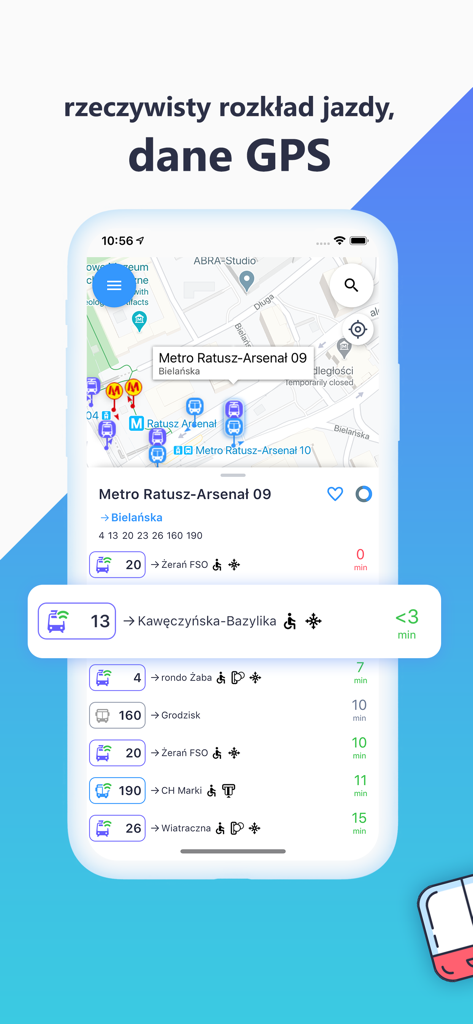 Time4BUS - Time4BUS mobile app interface displaying real-time GPS transit departures and a map of Warsaw