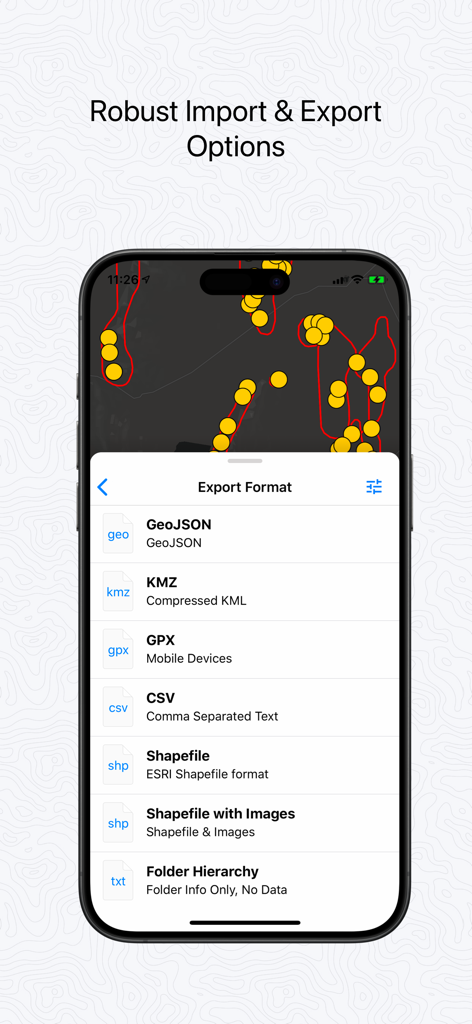 Touch GIS mobile app interface displaying professional data export options including Shapefile, GeoJSON, and GPX