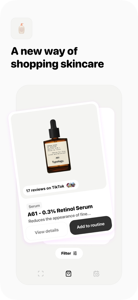 Oberfläche der Glow-App, die eine Hautpflegeproduktempfehlung für Retinol-Serum mit TikTok-Bewertungen zeigt