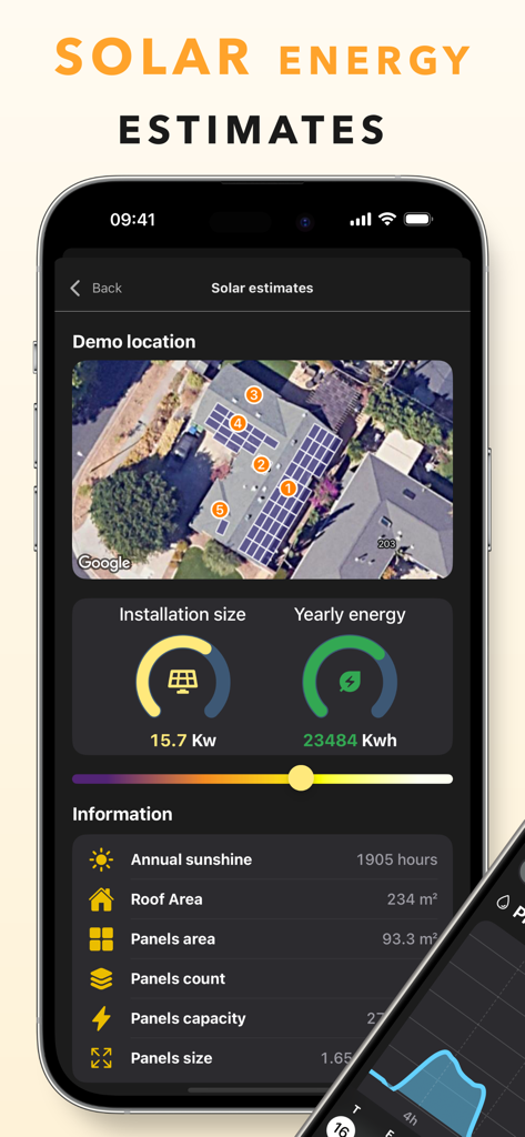 Sun Quest - Tracker & Seeker - Sun Quest app interface showing solar energy production estimates and roof panel layout simulation on a map.