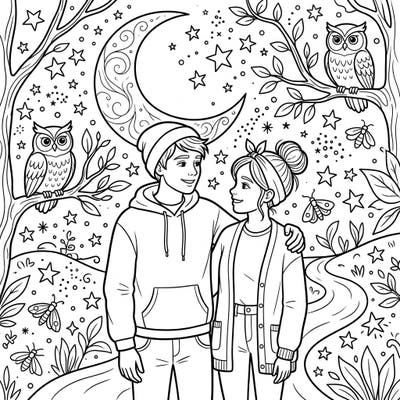 Capture the magic of a romantic night with this enchanting coloring page featuring a teenage couple under a sky full of stars and a luminous moon. Perfect for teens and adults, this detailed illustration offers a beautiful scene to bring to life with your favorite colors.