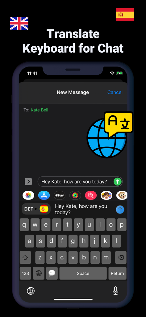 L'application Translate Keyboard for Chat montrant la traduction de messages en temps réel sur un smartphone