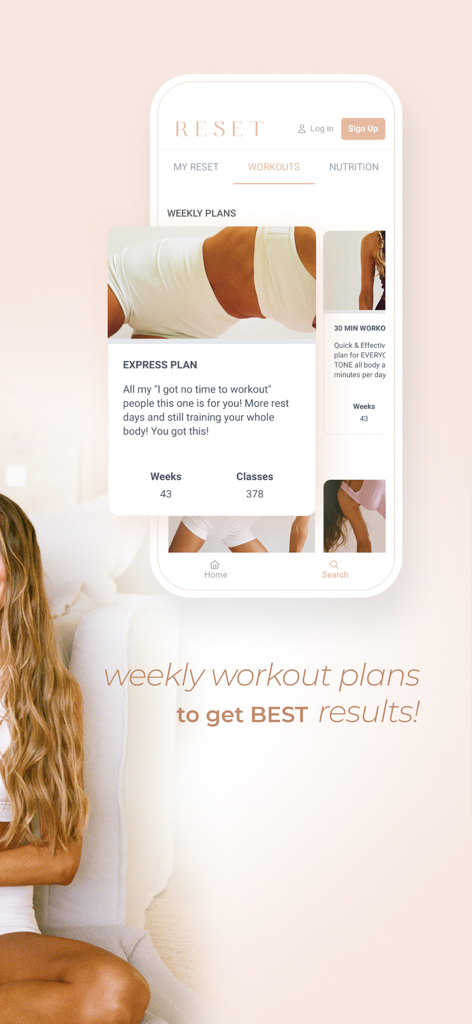 RESET By Caroline - RESET By Caroline app interface displaying weekly workout plans and the express plan for busy users