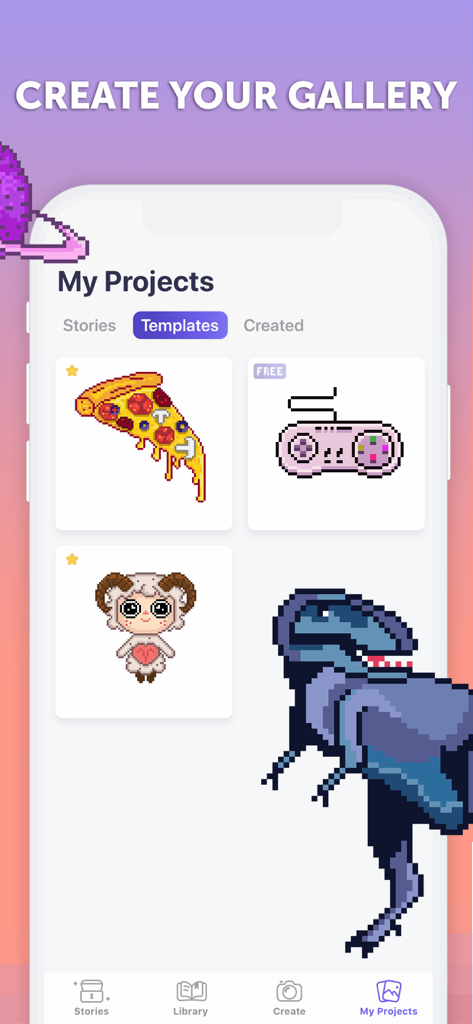 PixelArt by Picsart - PixelArt by Picsart app gallery screen showing pixel art coloring templates including a pizza slice and a dinosaur