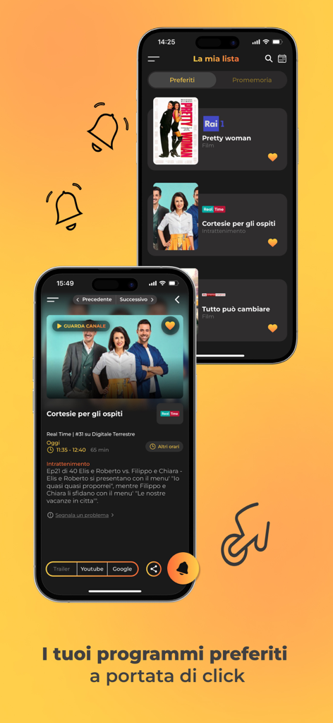 Guida Programmi TV - Dos pantallas de iPhone que muestran la interfaz de la aplicación Guida Programmi TV con la lista de favoritos y una página de programa detallada con un icono de campana de recordatorio.