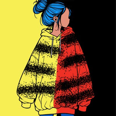 realistic girl with a oversized sweatshirt on and a bun