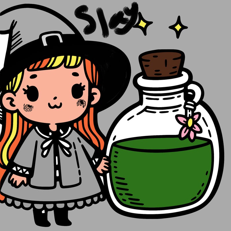 a girl with a small witch hat and a potion bottle in her hand