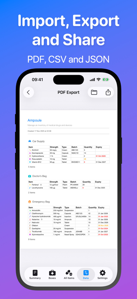 Ampoule - Medical Inventory - Ampoule app screen showing a PDF export of medical inventory lists including car supplies and emergency bags