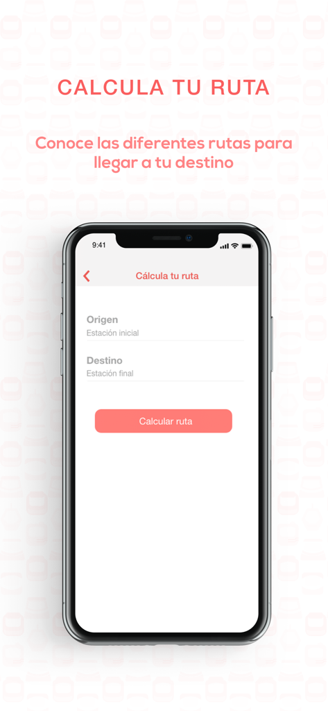 Metro - Metrobús México - Interface of the Metro Metrobus Mexico app showing the route calculation screen with origin and destination input fields