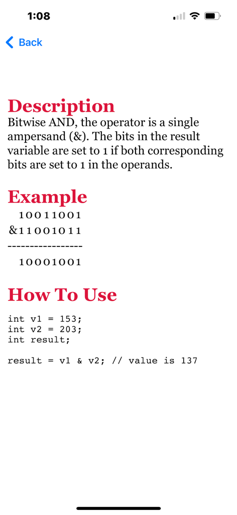 C Reference - C Reference app showing the bitwise AND operator description and code example