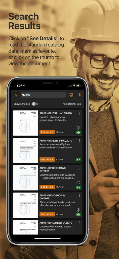 Target GEDWeb - Target GEDWeb app interface showing search results for ABNT NBR technical standards.