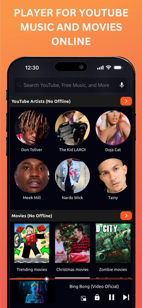 Mobile app interface displaying YouTube artist profiles and movie categories including trending and zombie films