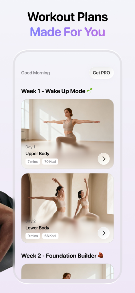 Screenshot of the HomeBod app showing personalized weekly workout plans for upper and lower body