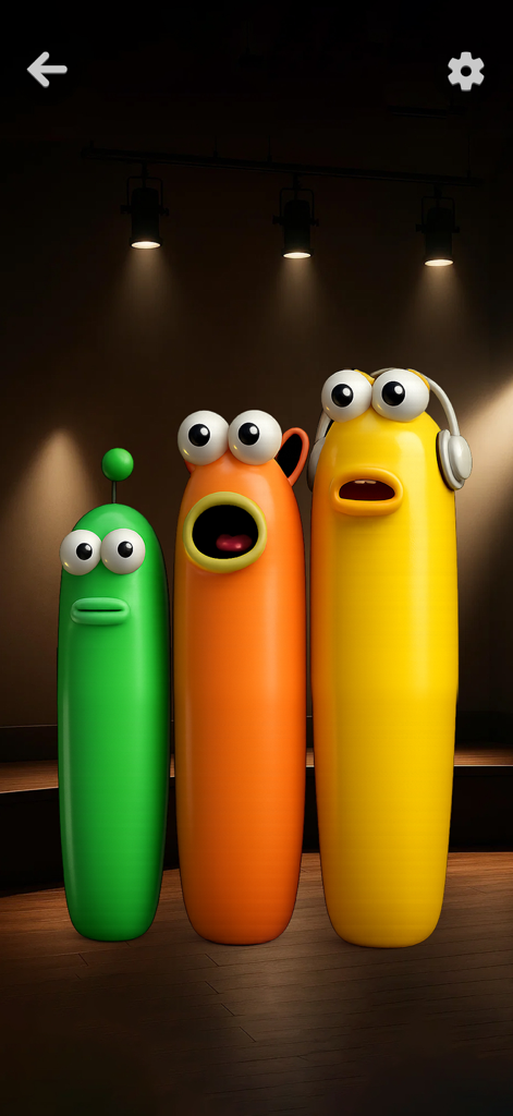 Antistress mini fidget toys - Three colorful animated characters on a dark stage with spotlights for ASMR and relaxation.