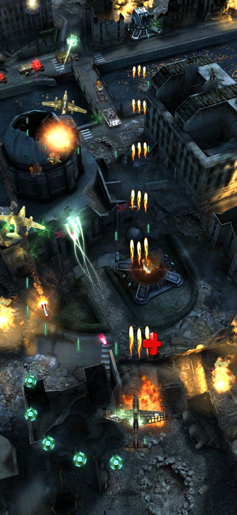 AirAttack 2 - Top-down view of a fighter plane in combat over a destructible 3D city in AirAttack 2.