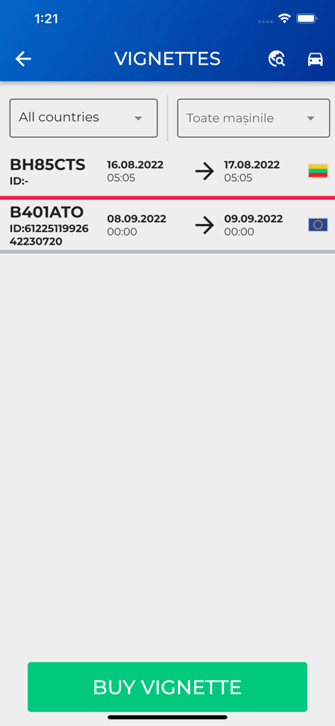 CargoTrack GPS App interface displaying a list of vehicle vignettes with a buy vignette button