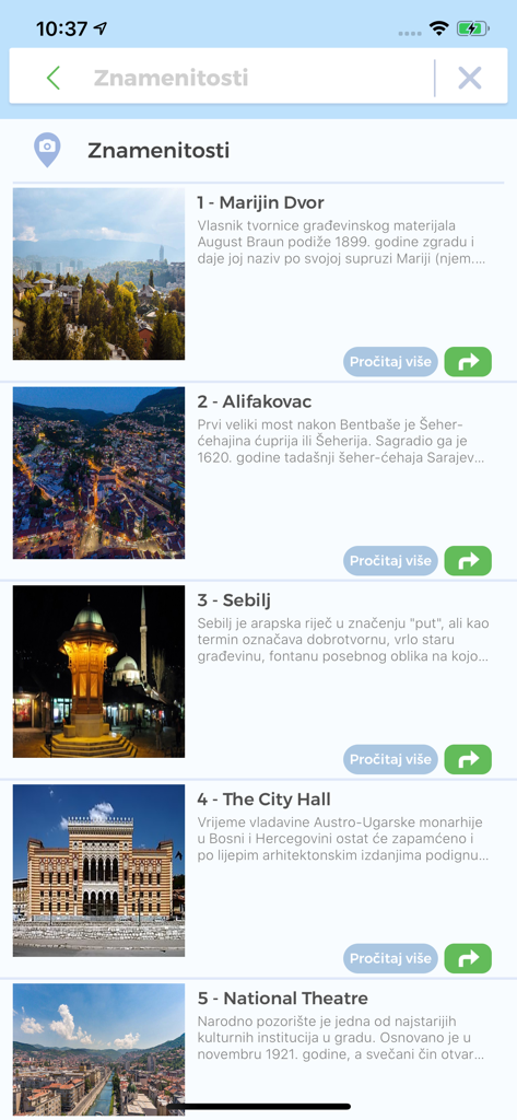 Une liste des monuments et sites touristiques de Sarajevo affichée dans l'interface de l'application mobile Centrocard.