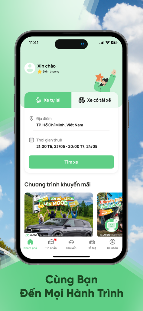 Startbildschirm der MIOTO App für die Suche nach Selbstfahr-Autovermietungen in Vietnam.