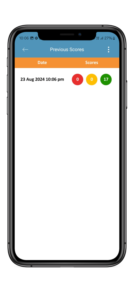 The Lullaby Trust Baby Check - Previous scores screen showing red amber and green risk indicators for an infant health assessment