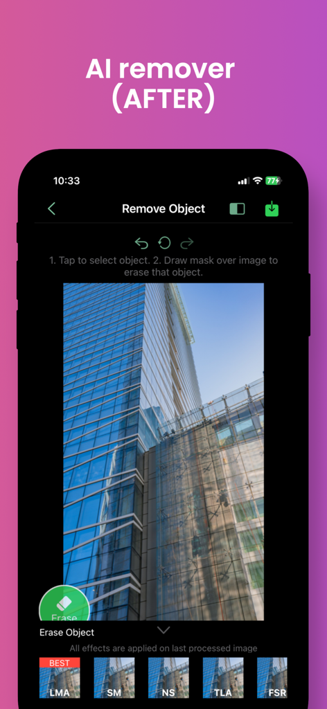 Eine mobile App-Oberfläche, die ein Gebäude anzeigt, nachdem unerwünschte Objekte mithilfe von KI entfernt wurden.