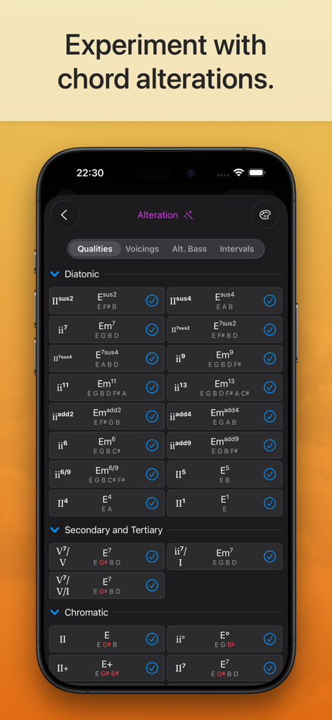 Suggester 2 : Chords & Scales - Oberfläche der Suggester 2 App, die verschiedene Akkordalterationen und -qualitäten zeigt.