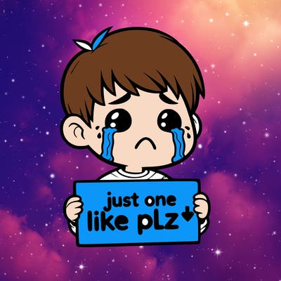 realistic crying boy with a sign saying just one like plz