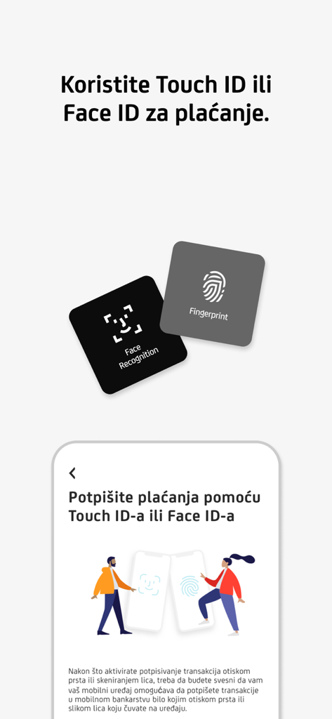 Ecrã da aplicação móvel com opções de autenticação biométrica, incluindo Face ID e Impressão Digital para pagamentos seguros.