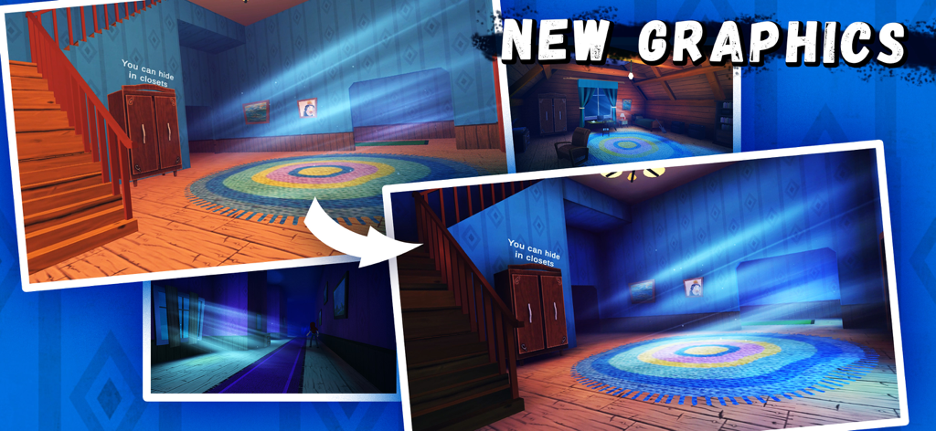 Angry Boy Pedro and His Friend - Un collage que muestra los gráficos actualizados y los entornos interiores de la casa del juego de terror de supervivencia Angry Boy Pedro y Su Amigo