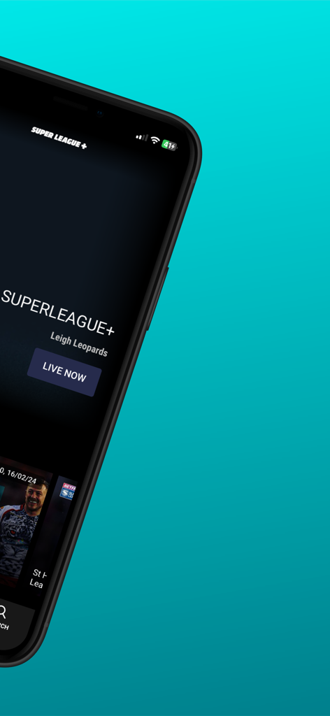 iPhone screen displaying the SuperLeague plus app with a live rugby match feature