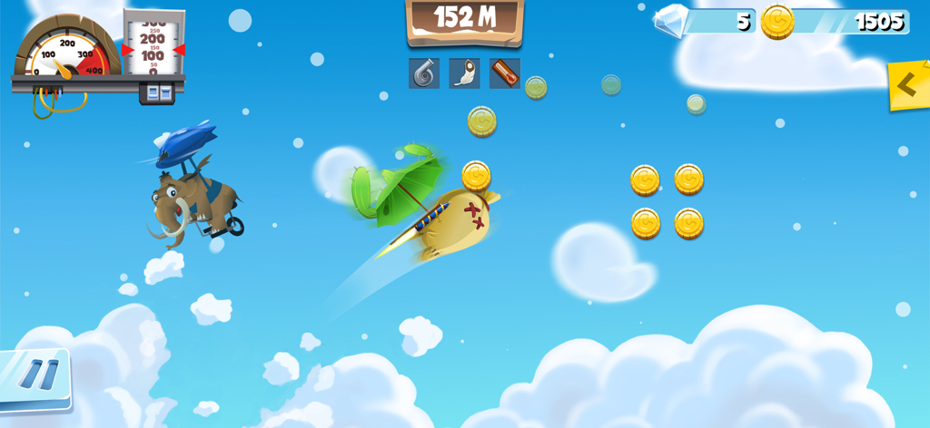 Learn 2 Fly: Penguin game - Gameplay of Learn 2 Fly showing a penguin test dummy flying in the sky past a mammoth while collecting gold coins.
