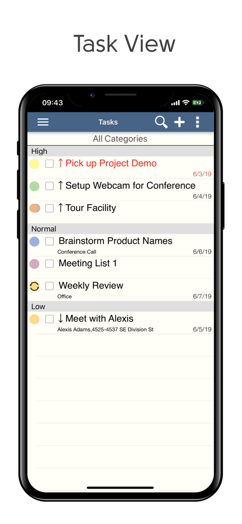 DejaOffice CRM with PC Sync - Vista de tareas de DejaOffice CRM en iPhone que muestra una lista de tareas organizadas por prioridad alta, normal y baja