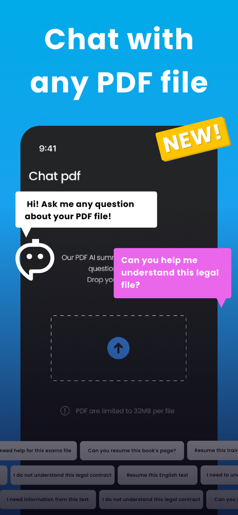 Uma tela de aplicativo móvel mostrando o recurso de chat IA para resumir e fazer perguntas sobre documentos PDF