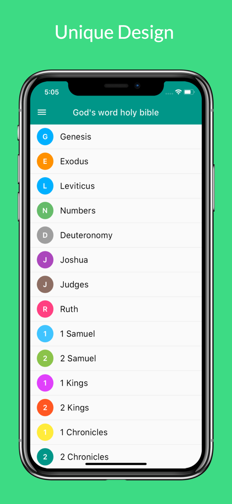 A smartphone showing the Word of God Bible app index of books from Genesis to Chronicles