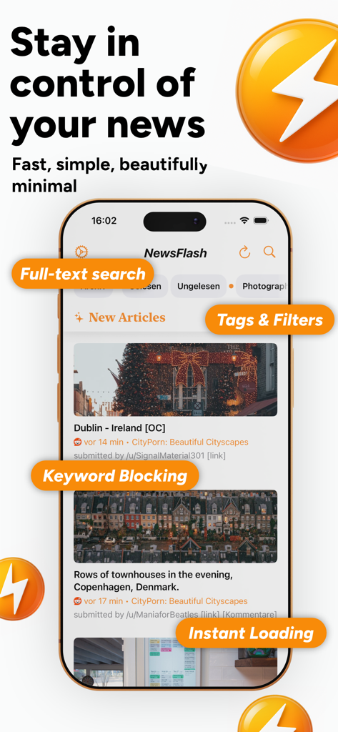 Tela do iPhone mostrando o feed de notícias do NewsFlash RSS com destaques de recursos para bloqueio de palavras-chave e busca de texto completo