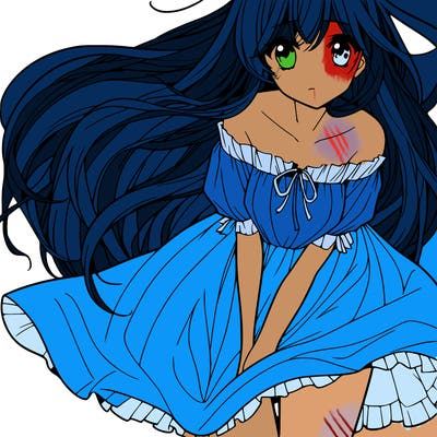 manga girl with long flowing hair and a dress that is pushed down