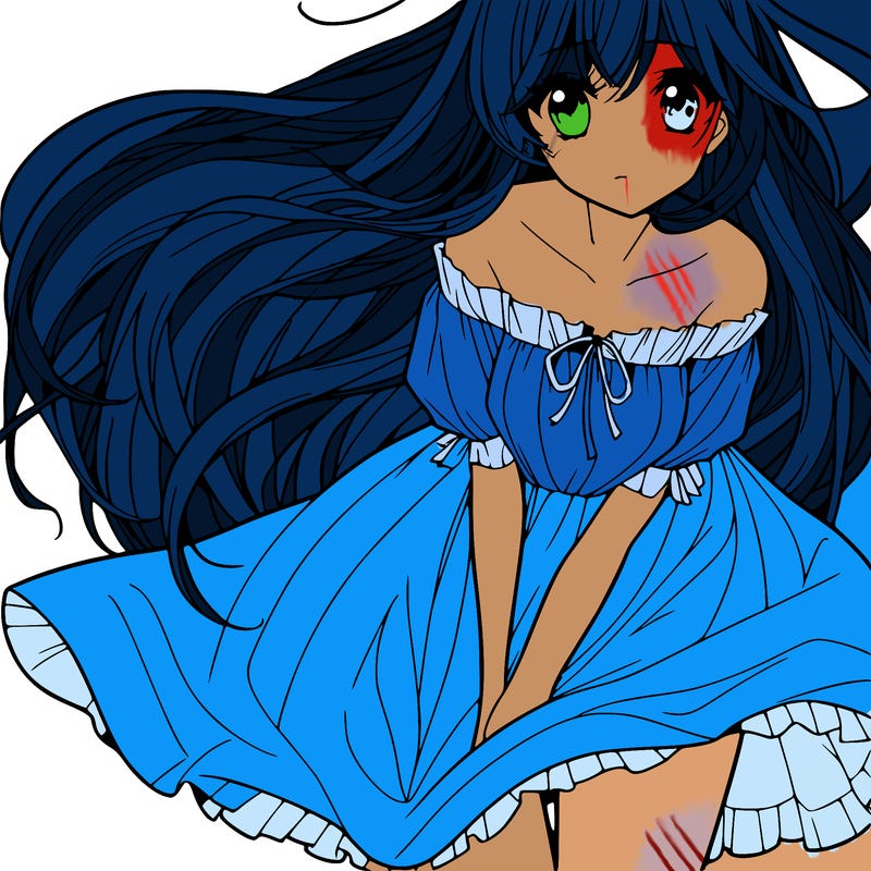 manga girl with long flowing hair and a dress that is pushed down