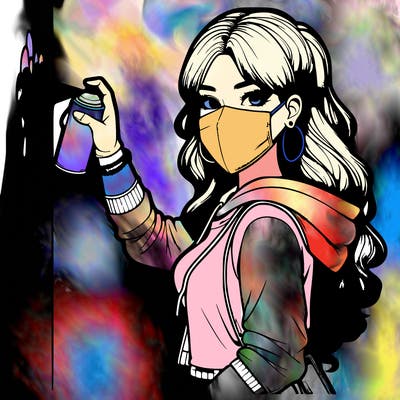 realistic girl with mask spray painting a wall