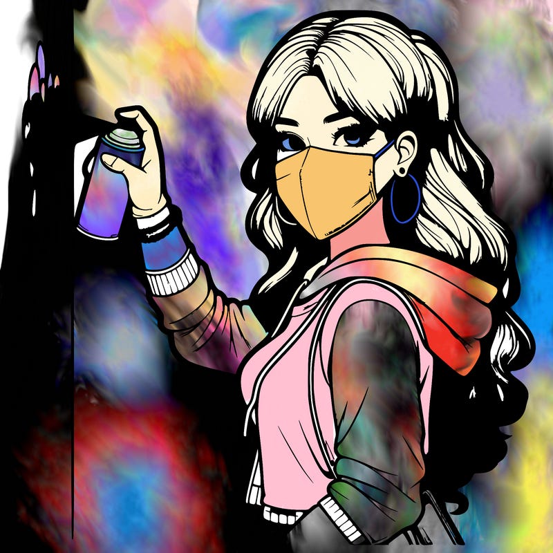 realistic girl with mask spray painting a wall